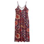 Maroon Vintage Bohemian Floral Print Jersey Midi Cami Dress