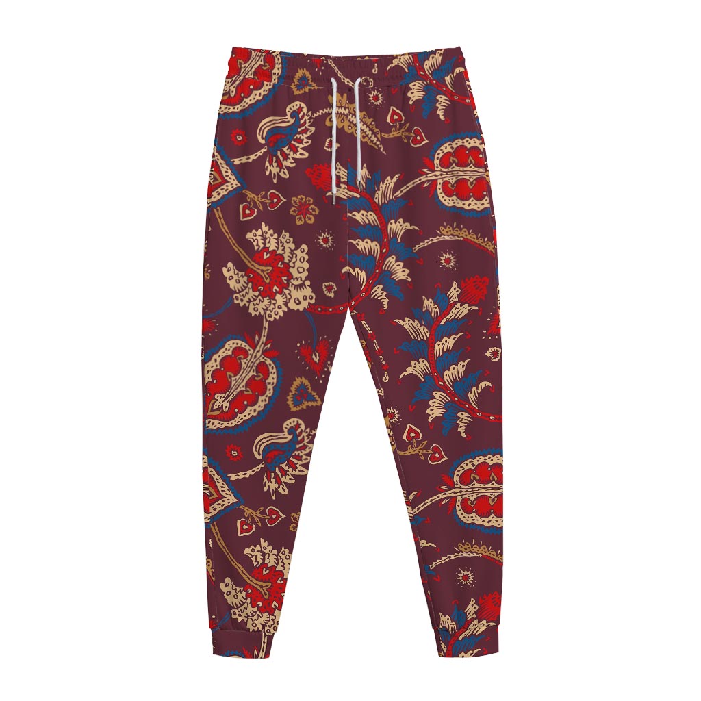 Maroon Vintage Bohemian Floral Print Jogger Pants
