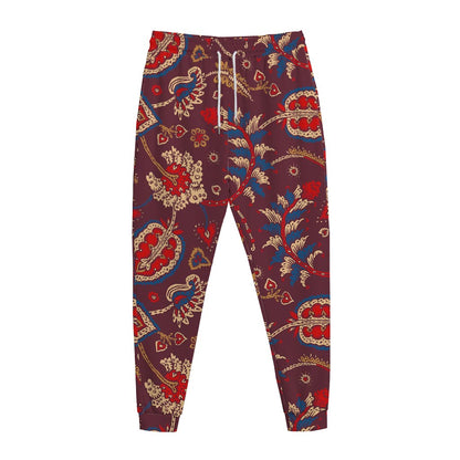 Maroon Vintage Bohemian Floral Print Jogger Pants