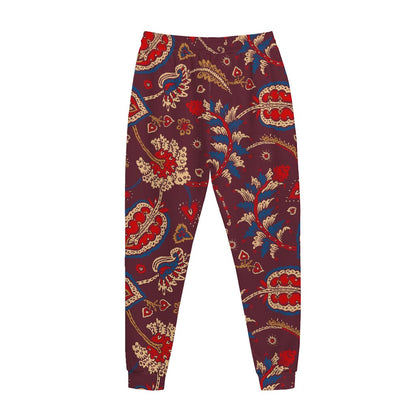 Maroon Vintage Bohemian Floral Print Jogger Pants