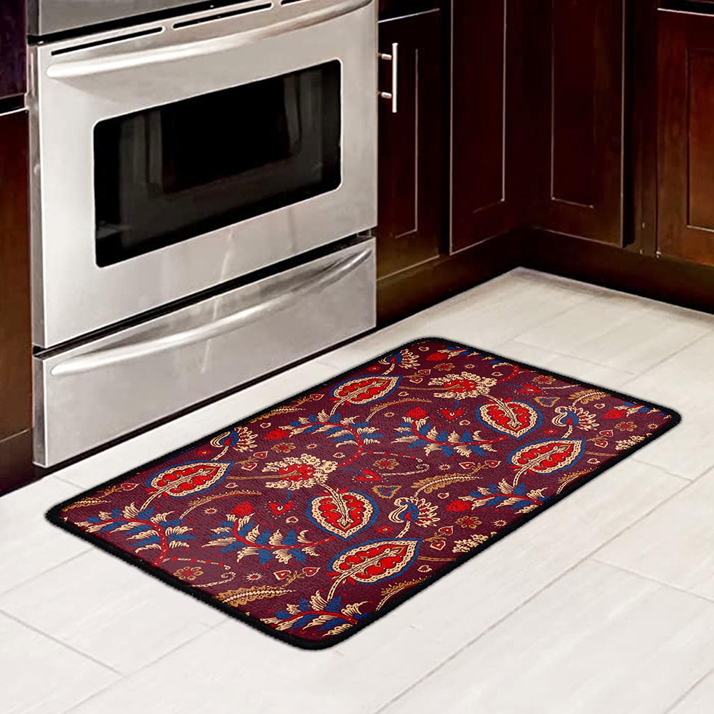 Maroon Vintage Bohemian Floral Print Kitchen Mat