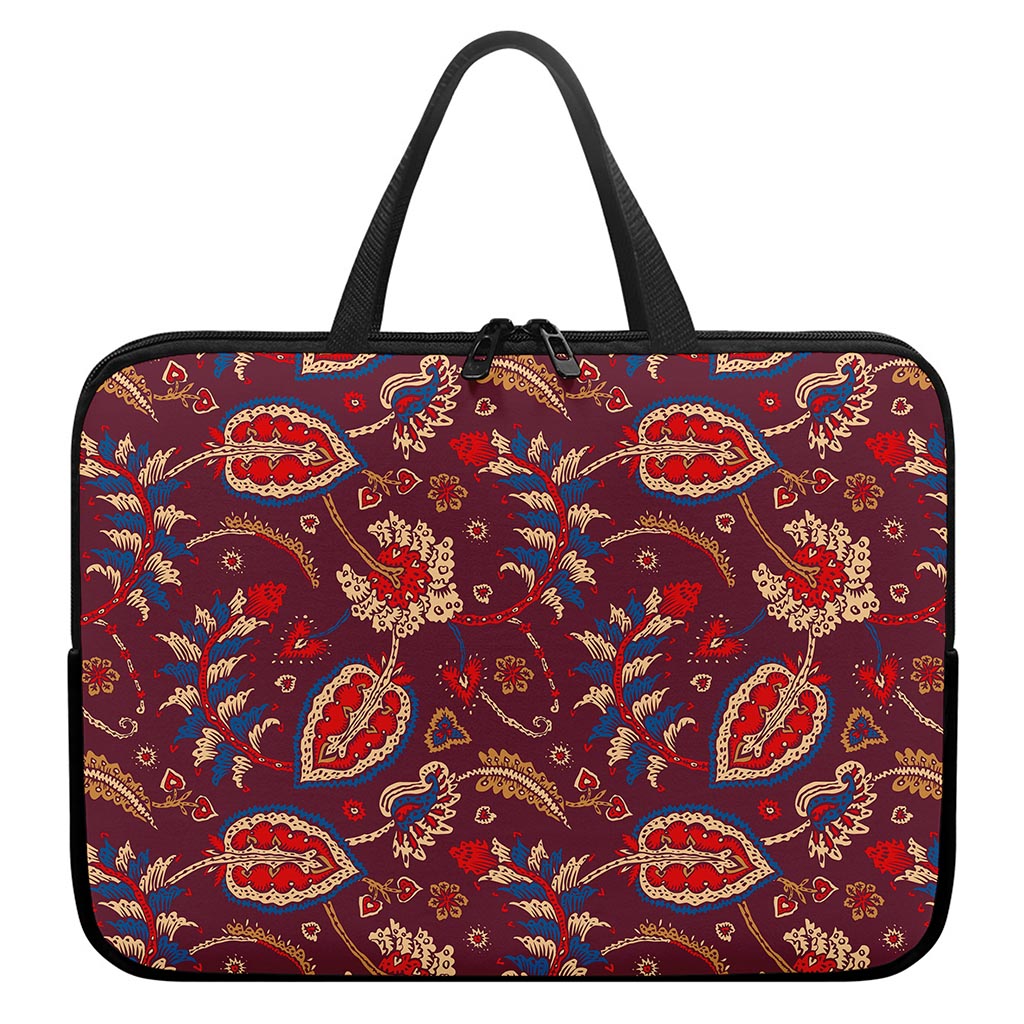 Maroon Vintage Bohemian Floral Print Laptop Sleeve With Handle