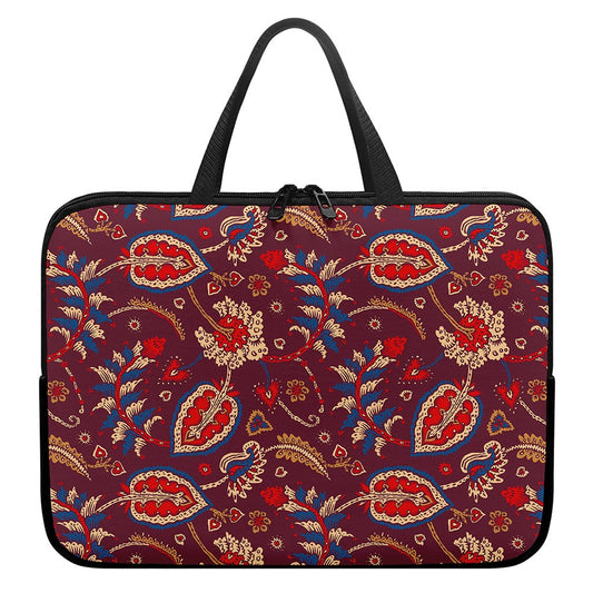 Maroon Vintage Bohemian Floral Print Laptop Sleeve With Handle