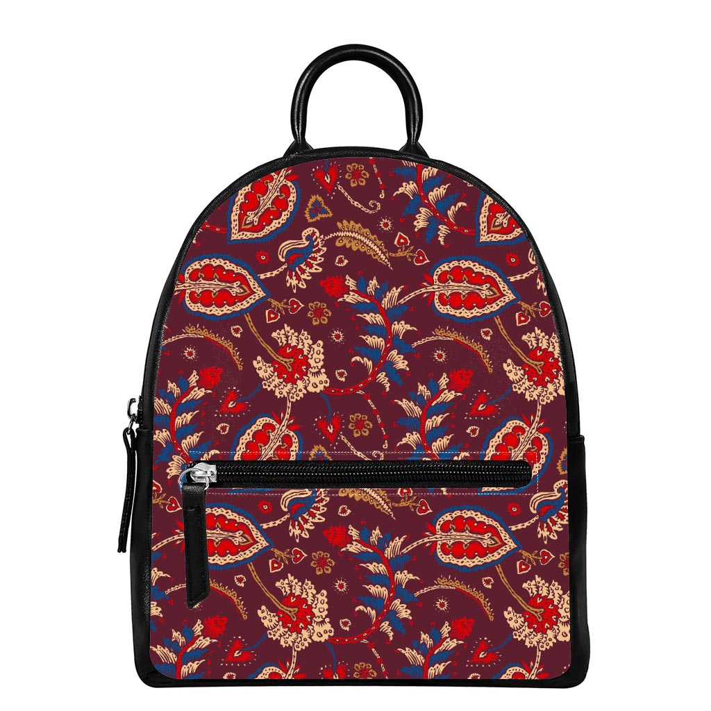 Maroon Vintage Bohemian Floral Print Leather Backpack