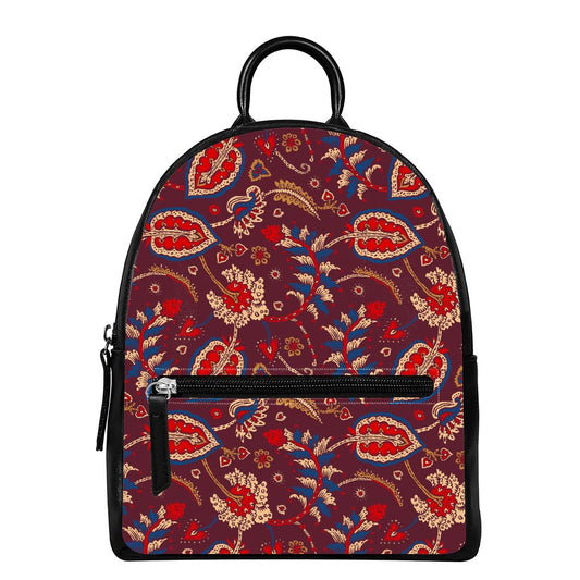 Maroon Vintage Bohemian Floral Print Leather Backpack