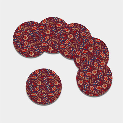 Maroon Vintage Bohemian Floral Print Leather Coaster Set