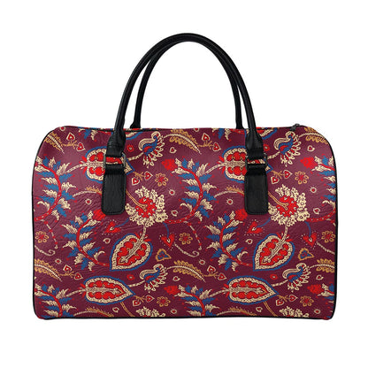 Maroon Vintage Bohemian Floral Print Leather Duffle Bag