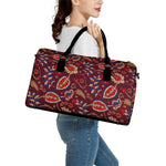 Maroon Vintage Bohemian Floral Print Leather Duffle Bag