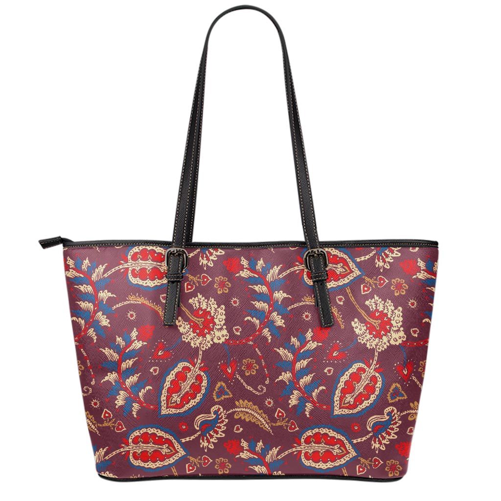 Maroon Vintage Bohemian Floral Print Leather Tote Bag