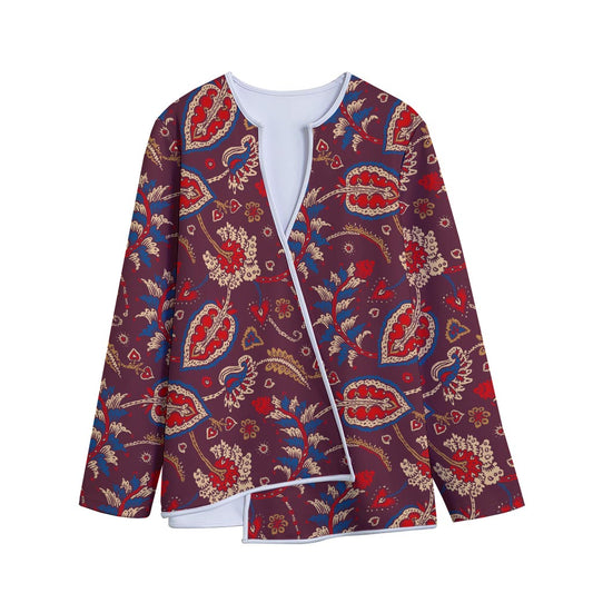 Maroon Vintage Bohemian Floral Print Long Sleeve Short Coat