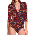 Maroon Vintage Bohemian Floral Print Long Sleeve Swimsuit