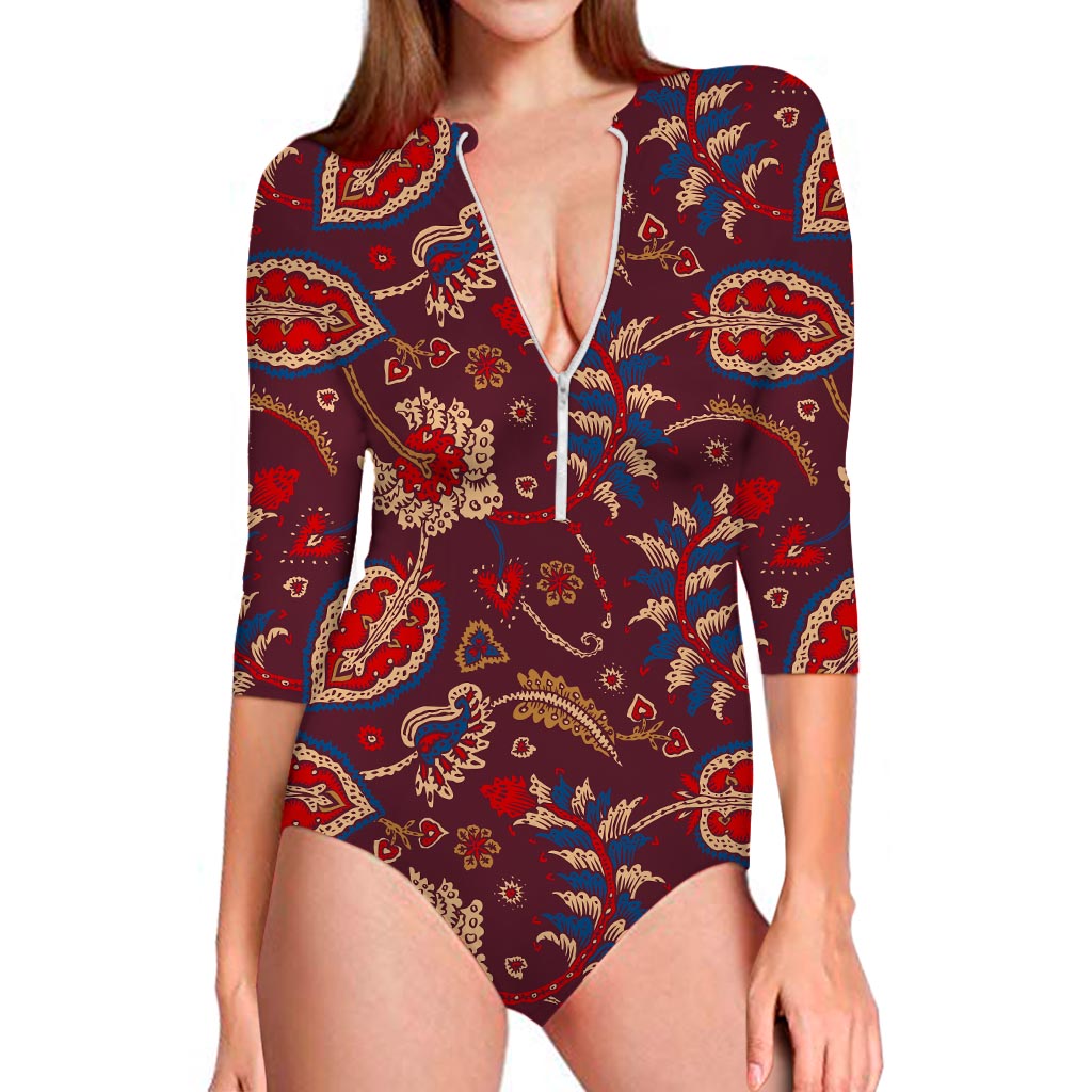 Maroon Vintage Bohemian Floral Print Long Sleeve Swimsuit