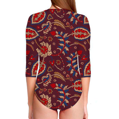 Maroon Vintage Bohemian Floral Print Long Sleeve Swimsuit