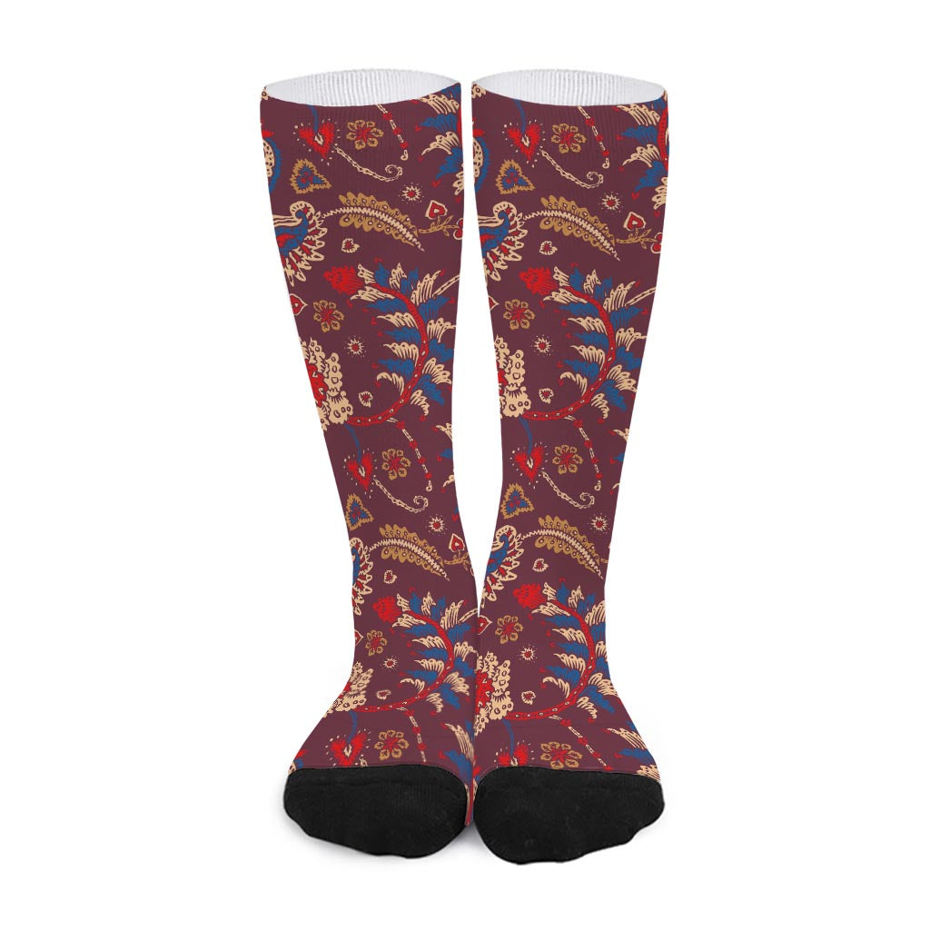Maroon Vintage Bohemian Floral Print Long Socks