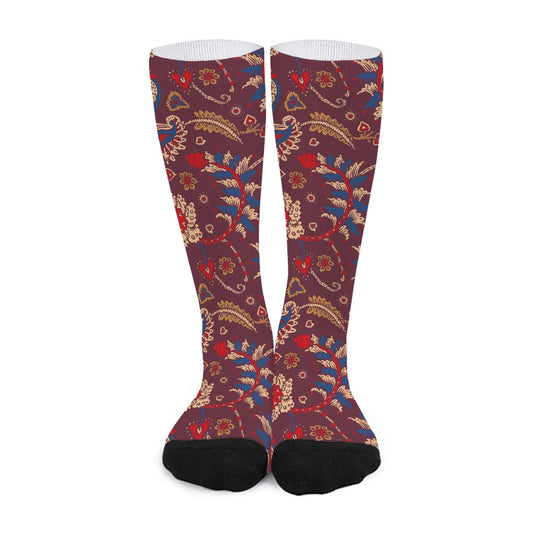 Maroon Vintage Bohemian Floral Print Long Socks