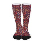 Maroon Vintage Bohemian Floral Print Long Socks