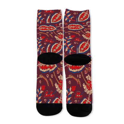 Maroon Vintage Bohemian Floral Print Long Socks