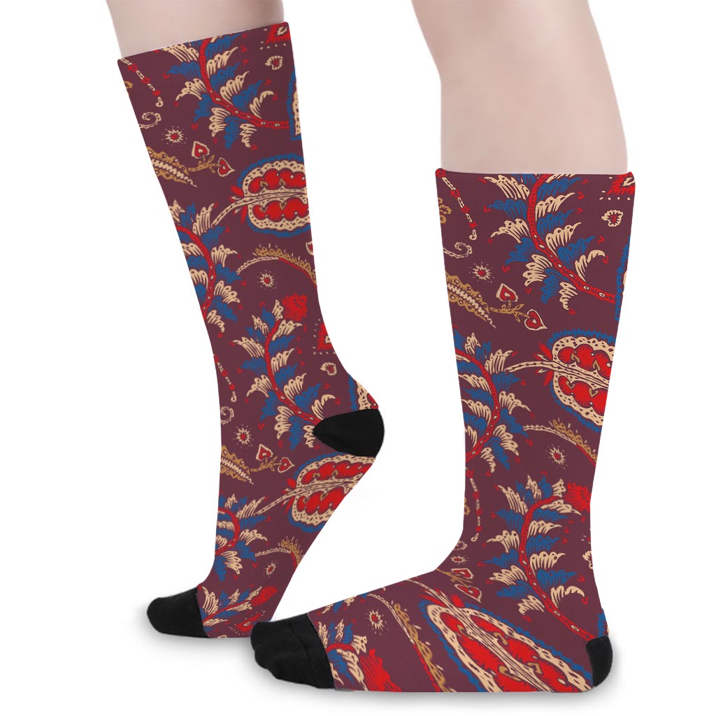 Maroon Vintage Bohemian Floral Print Long Socks