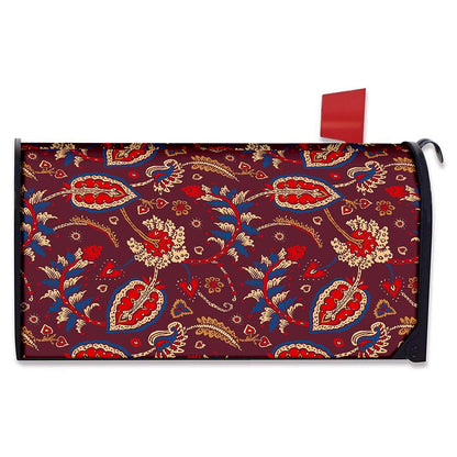 Maroon Vintage Bohemian Floral Print Mailbox Cover