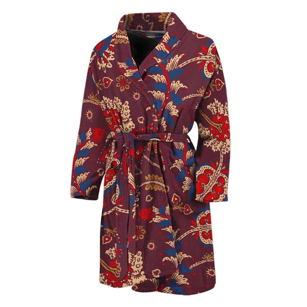 Maroon Vintage Bohemian Floral Print Men's Bathrobe