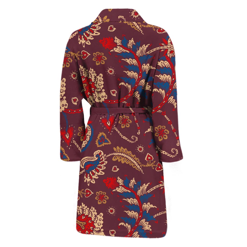 Maroon Vintage Bohemian Floral Print Men's Bathrobe