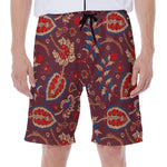 Maroon Vintage Bohemian Floral Print Men's Beach Shorts
