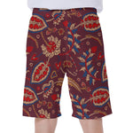 Maroon Vintage Bohemian Floral Print Men's Beach Shorts