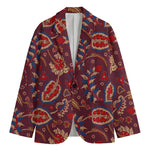 Maroon Vintage Bohemian Floral Print Men's Blazer