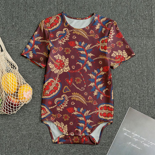 Maroon Vintage Bohemian Floral Print Men's Bodysuit