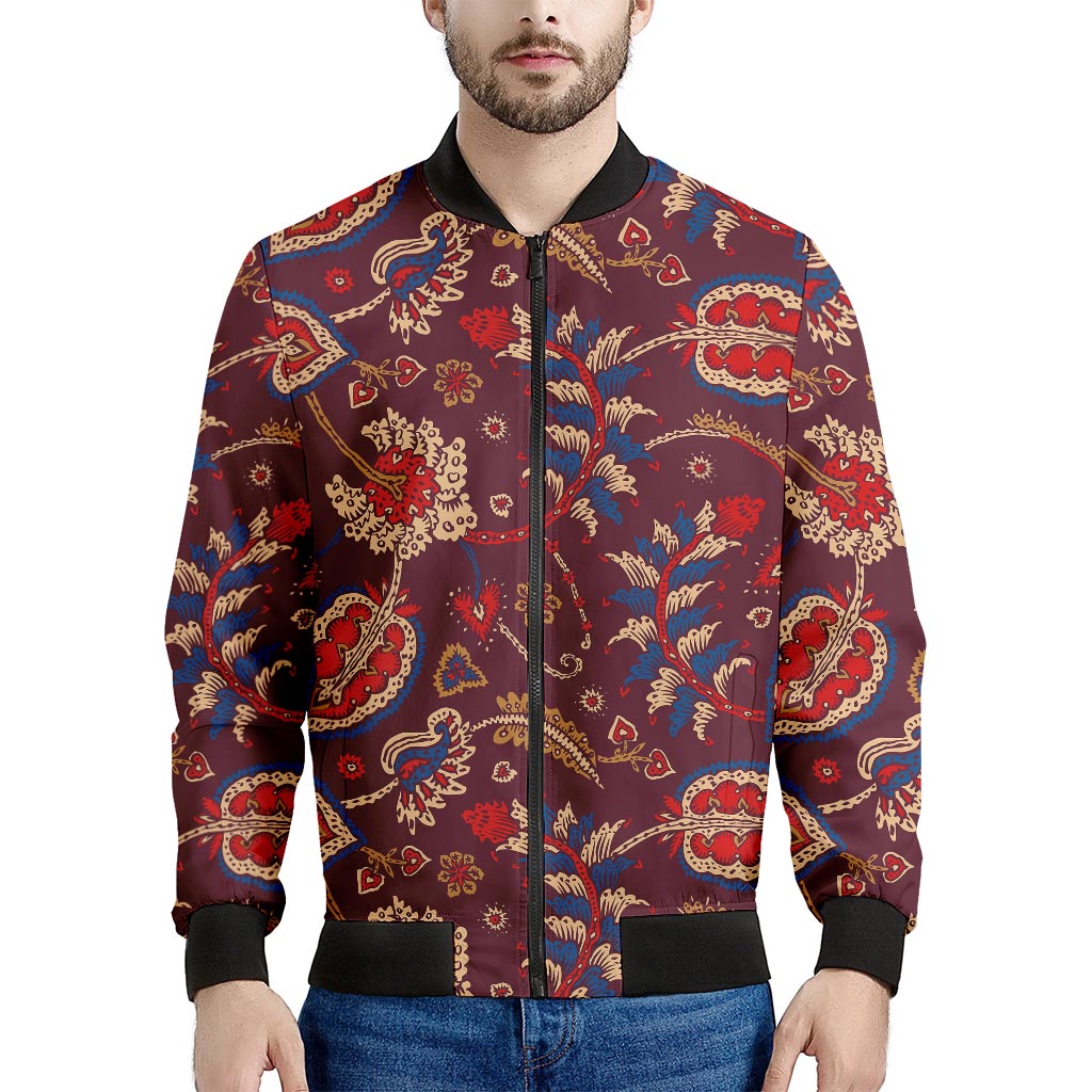 Maroon Vintage Bohemian Floral Print Men's Bomber Jacket