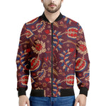 Maroon Vintage Bohemian Floral Print Men's Bomber Jacket