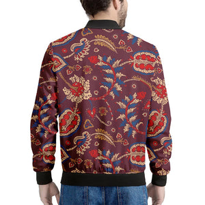 Maroon Vintage Bohemian Floral Print Men's Bomber Jacket