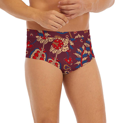 Maroon Vintage Bohemian Floral Print Men's Briefs