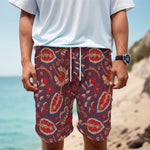 Maroon Vintage Bohemian Floral Print Men's Cargo Shorts