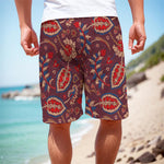 Maroon Vintage Bohemian Floral Print Men's Cargo Shorts