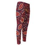 Maroon Vintage Bohemian Floral Print Men's Compression Pants