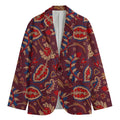 Maroon Vintage Bohemian Floral Print Men's Cotton Blazer
