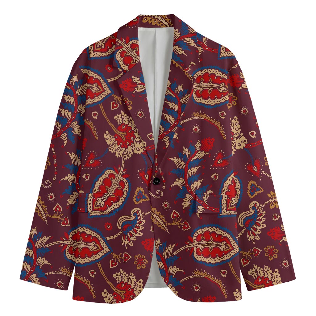Maroon Vintage Bohemian Floral Print Men's Cotton Blazer