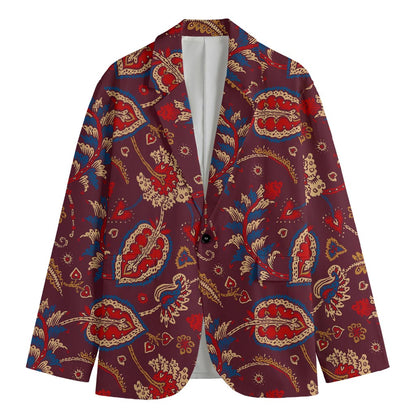 Maroon Vintage Bohemian Floral Print Men's Cotton Blazer