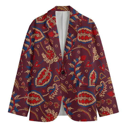 Maroon Vintage Bohemian Floral Print Men's Cotton Blazer