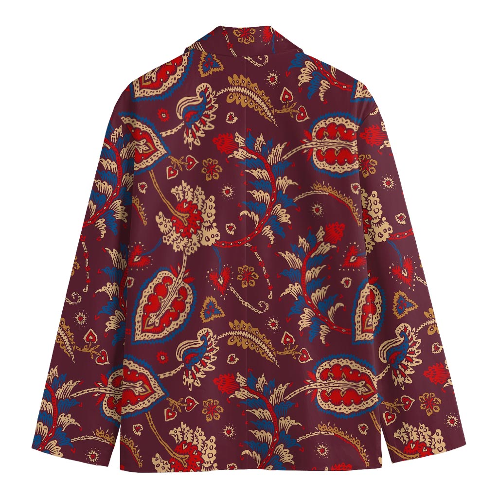 Maroon Vintage Bohemian Floral Print Men's Cotton Blazer