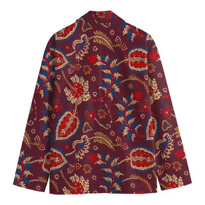 Maroon Vintage Bohemian Floral Print Men's Cotton Blazer