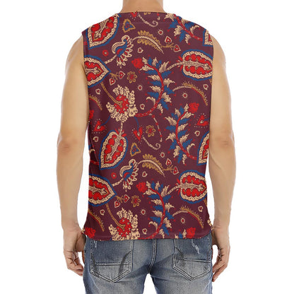 Maroon Vintage Bohemian Floral Print Men's Fitness Tank Top