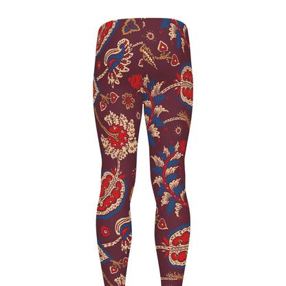 Maroon Vintage Bohemian Floral Print Men's leggings