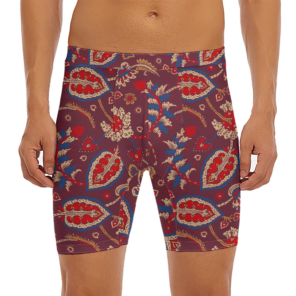 Maroon Vintage Bohemian Floral Print Men's Long Boxer Briefs