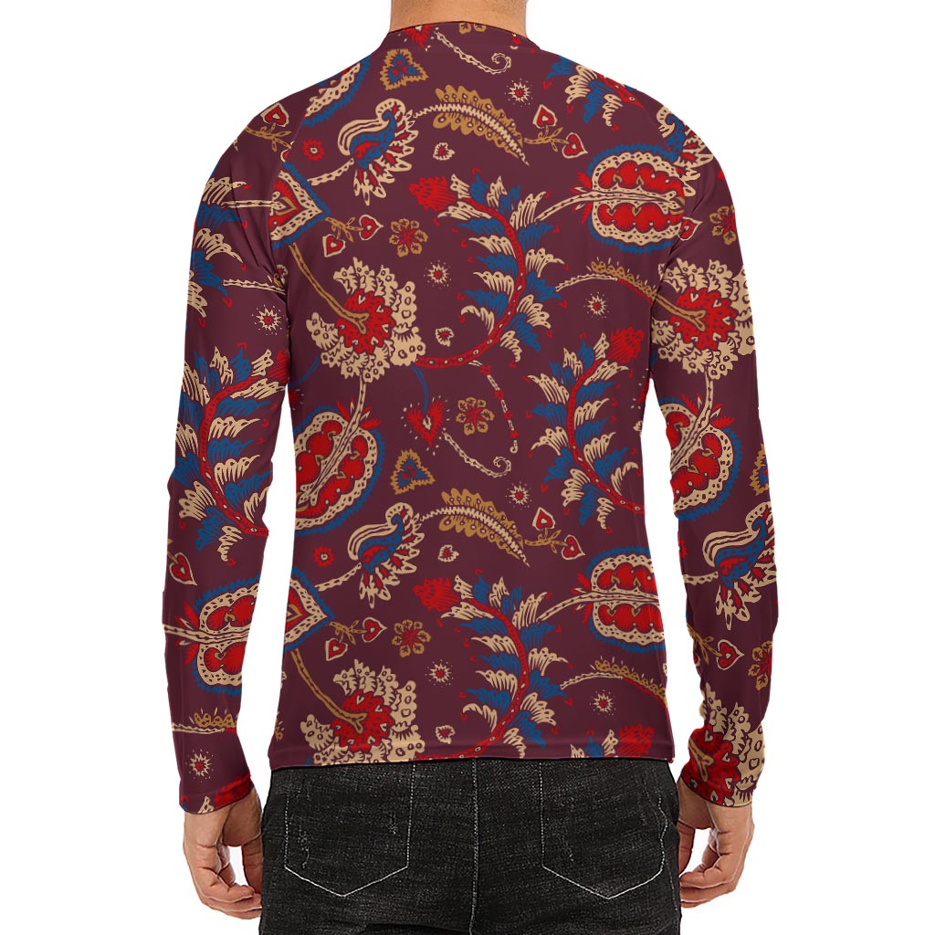 Maroon Vintage Bohemian Floral Print Men's Long Sleeve Rash Guard