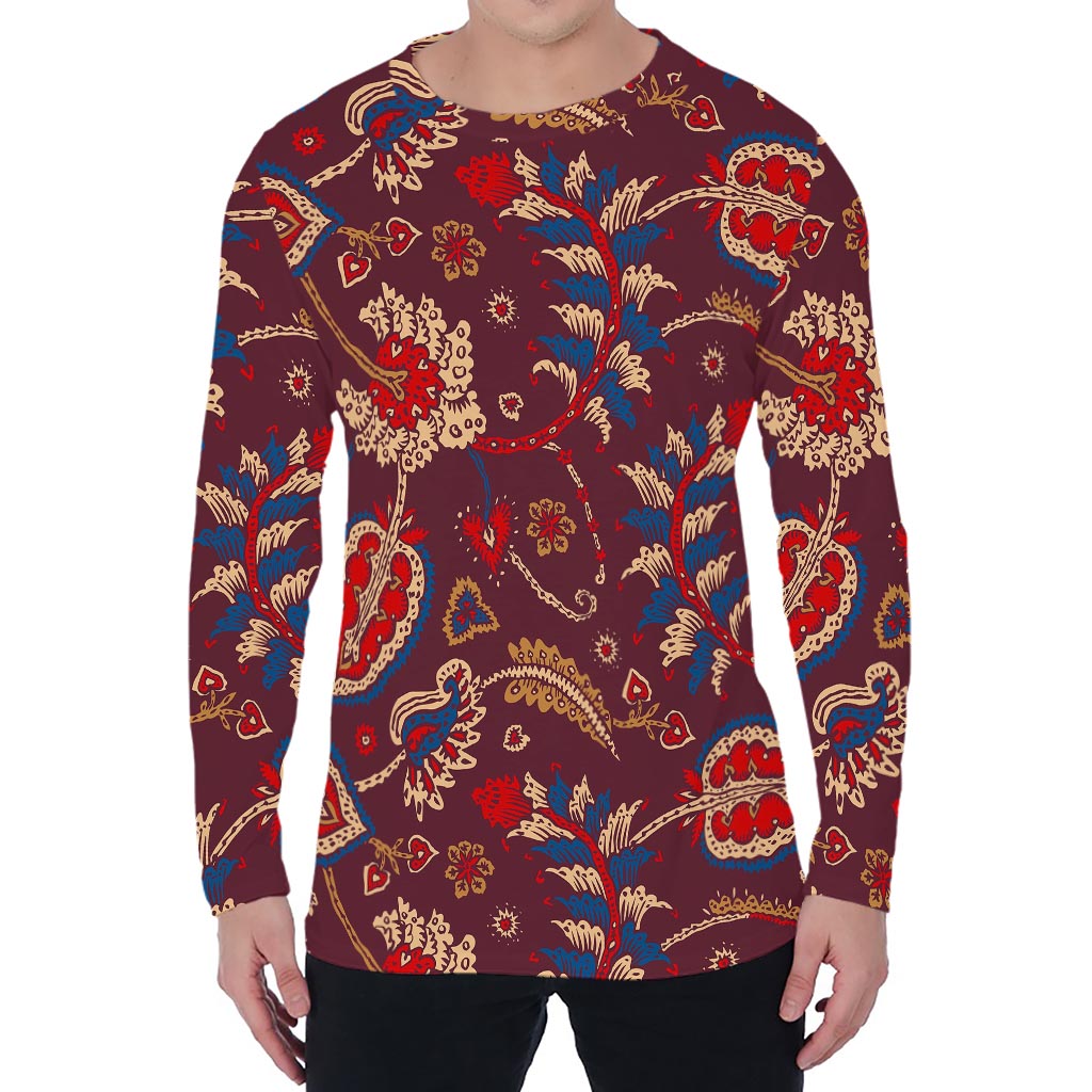 Maroon Vintage Bohemian Floral Print Men's Long Sleeve T-Shirt