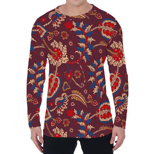 Maroon Vintage Bohemian Floral Print Men's Long Sleeve T-Shirt