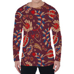 Maroon Vintage Bohemian Floral Print Men's Long Sleeve T-Shirt