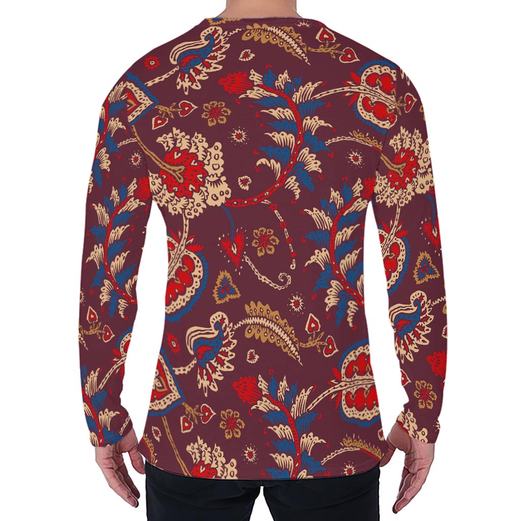 Maroon Vintage Bohemian Floral Print Men's Long Sleeve T-Shirt
